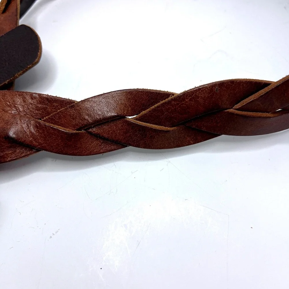 Express Brown Italian Leather‎ Braided Belt Made in England Size S Cognac Silver